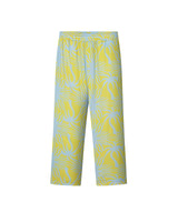 A pair of mustard yellow pants with a multicolor graphic pattern, featuring a relaxed fit and two side pockets.