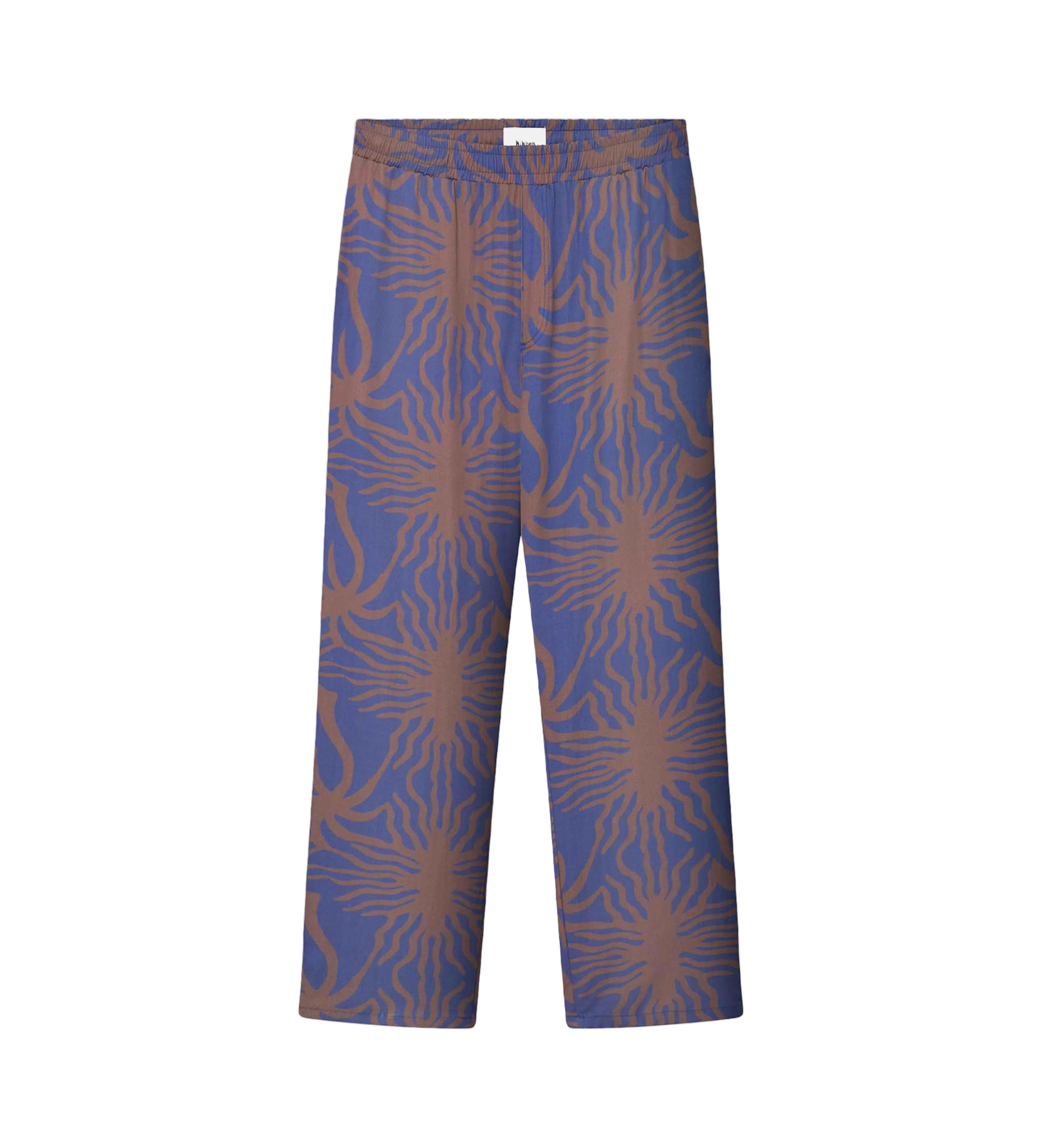 A pair of purple pants with a multicolor graphic pattern, featuring a relaxed fit and side pockets.