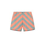 A pair of Gazette orange swim shorts with a striped pattern and mid-length cut, featuring side-fastener buttons and side pockets.