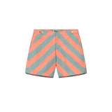 A pair of Gazette orange swim shorts with a striped pattern and mid-length cut, featuring side-fastener buttons and side pockets.