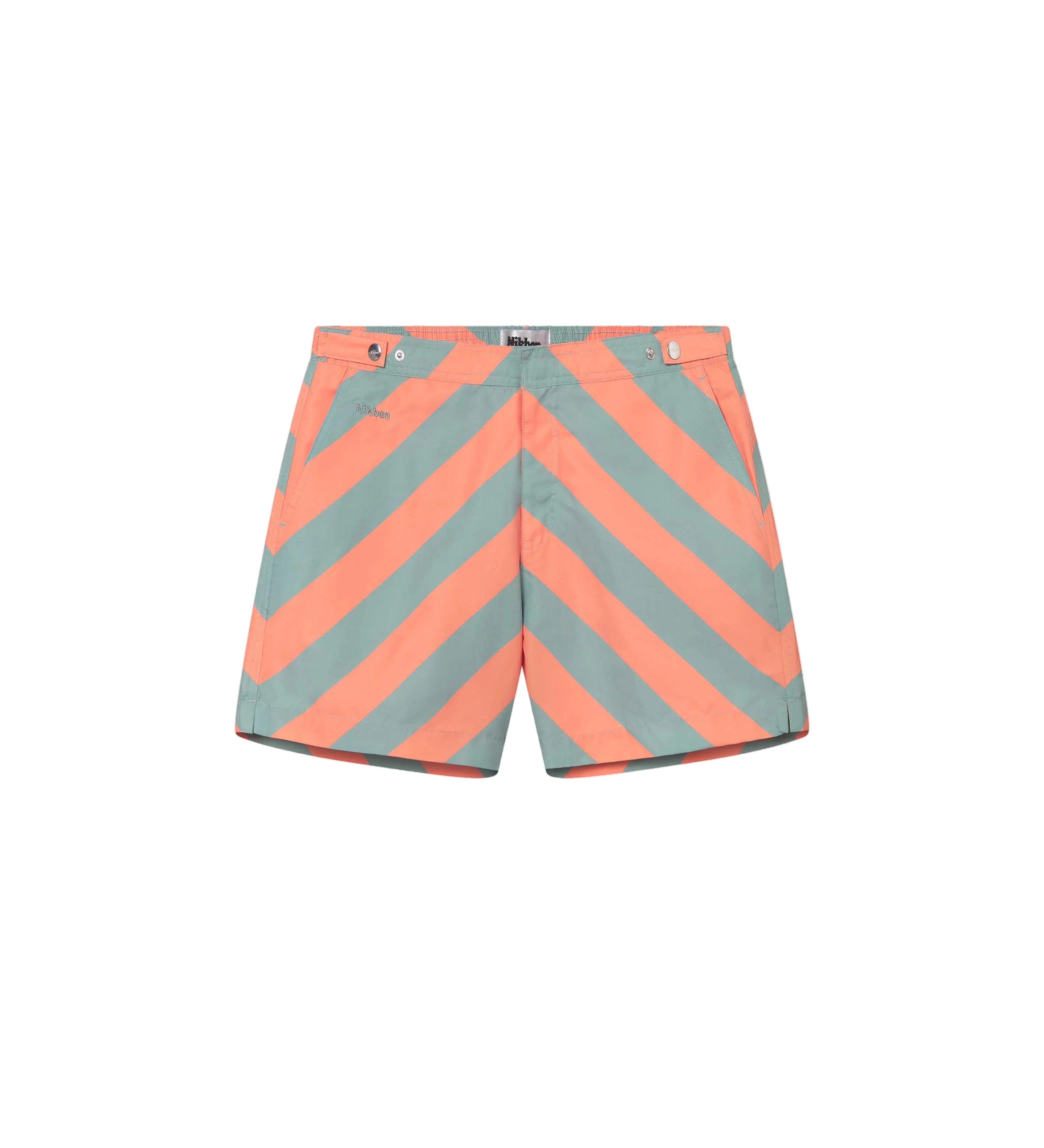 A pair of Gazette orange swim shorts with a striped pattern and mid-length cut, featuring side-fastener buttons and side pockets.