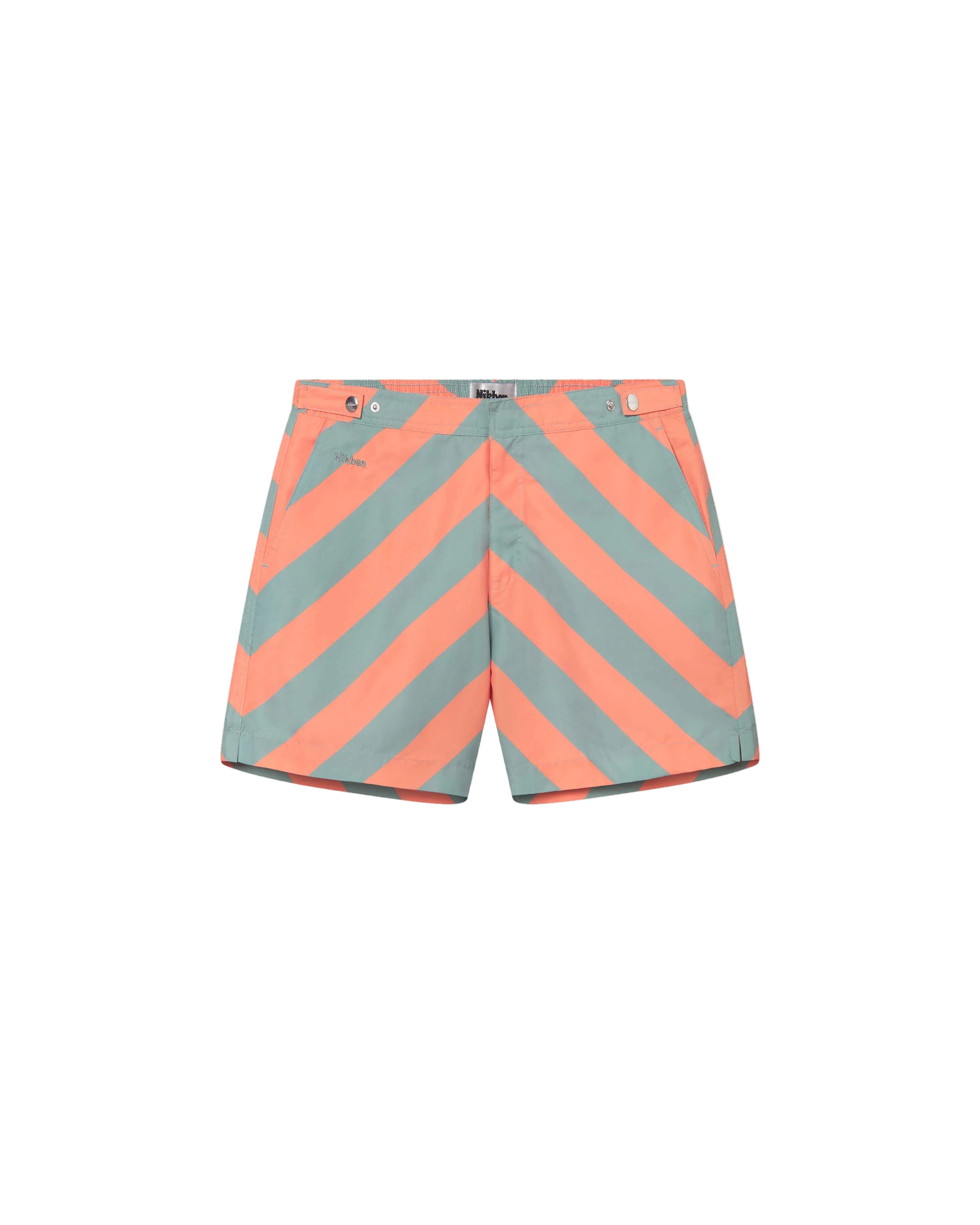 A pair of Gazette orange swim shorts with a striped pattern and mid-length cut, featuring side-fastener buttons and side pockets.