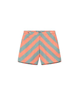 A pair of Gazette orange swim shorts with a striped pattern and mid-length cut, featuring side-fastener buttons and side pockets.
