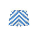 Blue and white striped swim shorts with a mid-length cut and side-fastener buttons.
