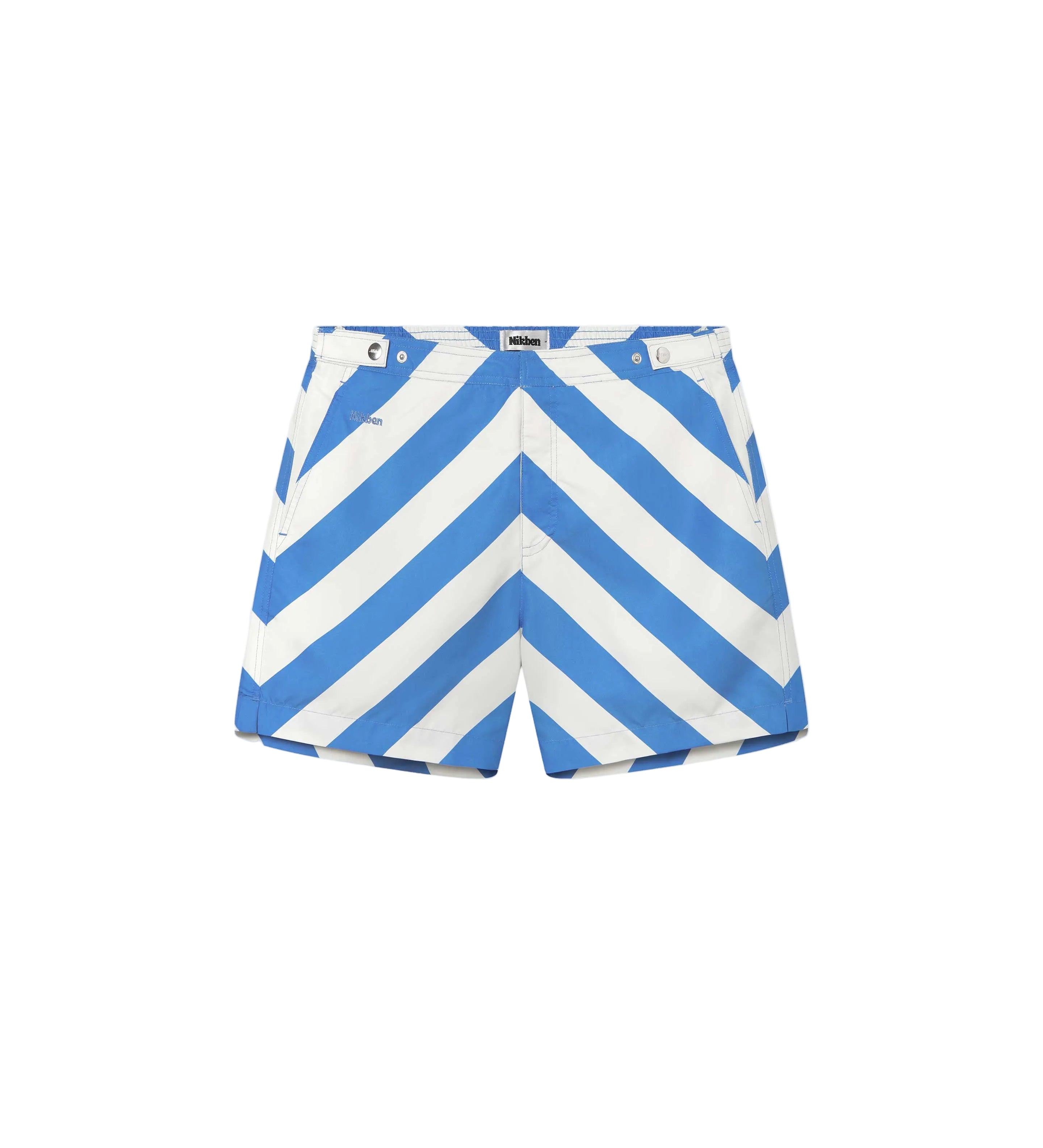Blue and white striped swim shorts with a mid-length cut and side-fastener buttons.