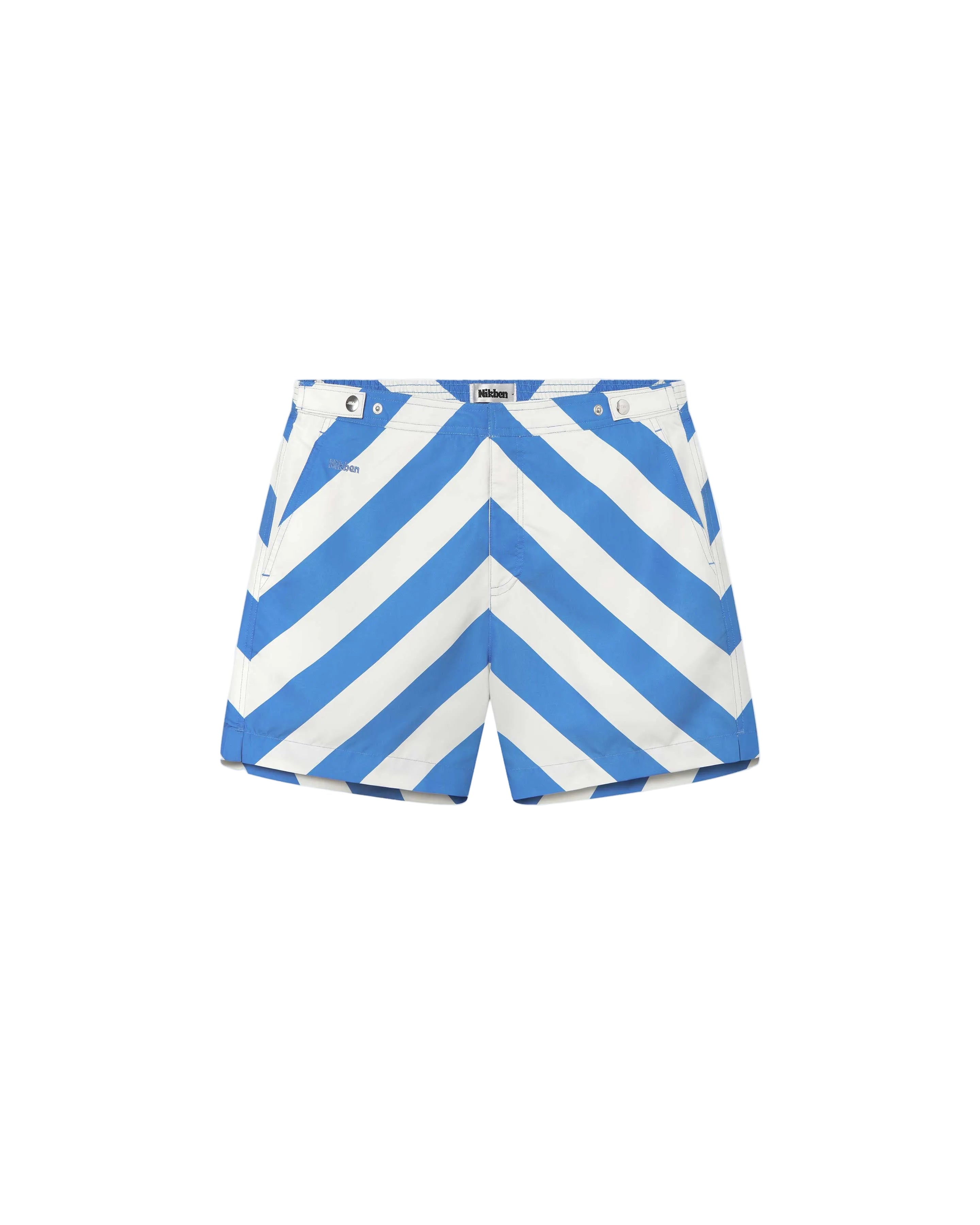 Blue and white striped swim shorts with a mid-length cut and side-fastener buttons.