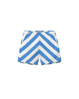 Blue and white striped swim shorts with a mid-length cut and side-fastener buttons.
