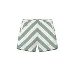 A pair of Gazette green striped swim shorts with a mid-length cut, side-fastener buttons, and side pockets.