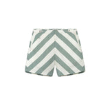 A pair of Gazette green striped swim shorts with a mid-length cut, side-fastener buttons, and side pockets.