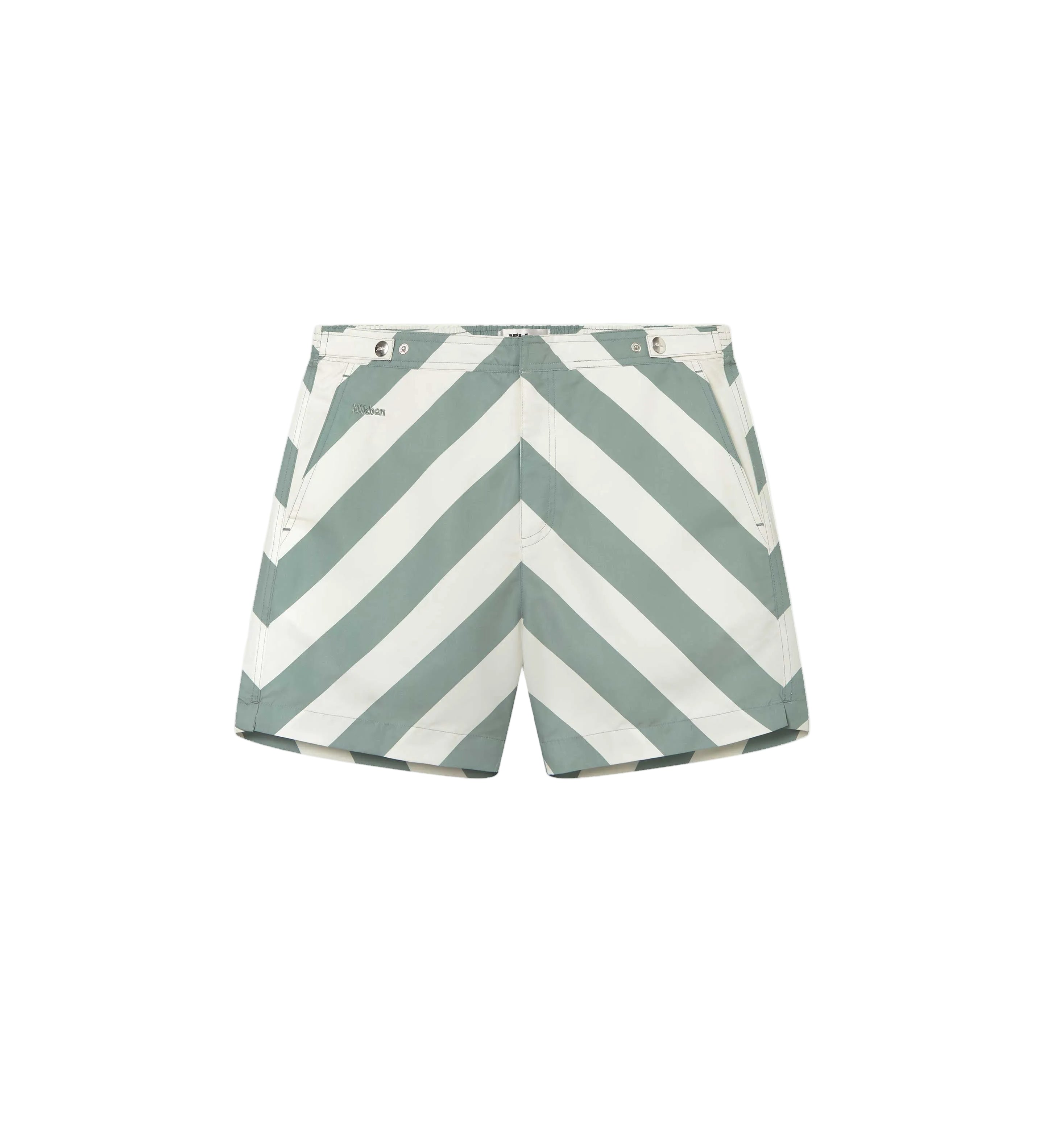 A pair of Gazette green striped swim shorts with a mid-length cut, side-fastener buttons, and side pockets.