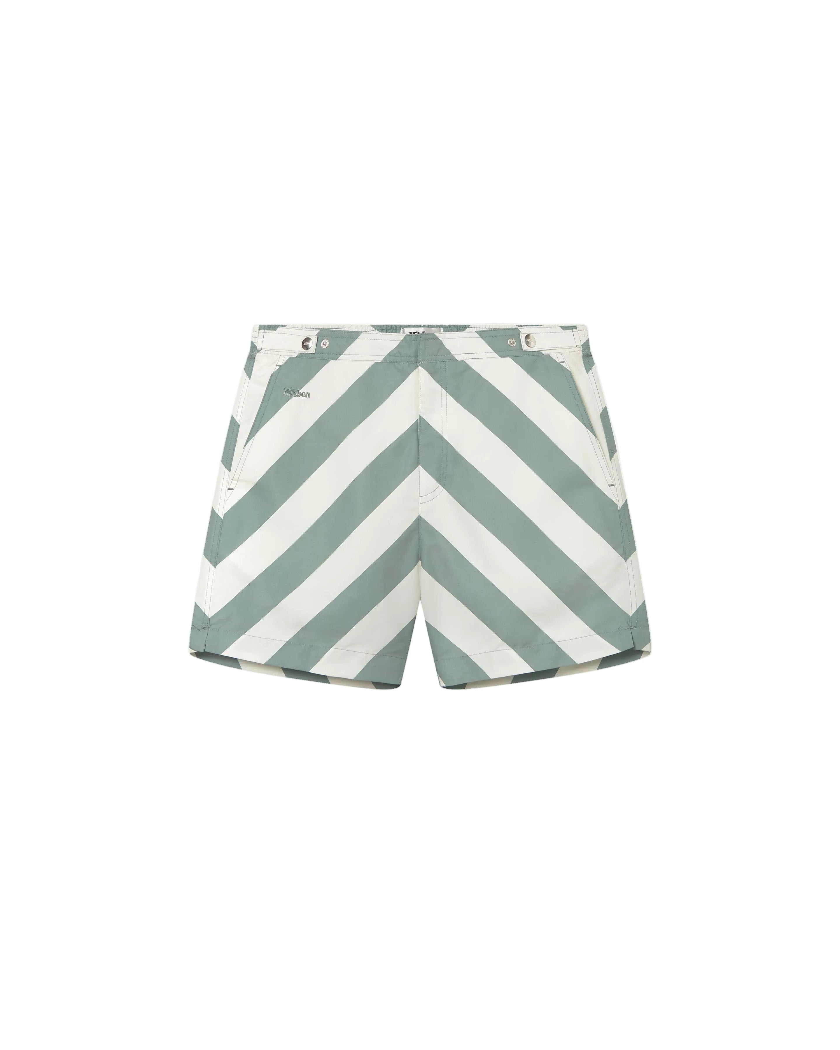 A pair of Gazette green striped swim shorts with a mid-length cut, side-fastener buttons, and side pockets.