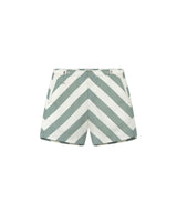 A pair of Gazette green striped swim shorts with a mid-length cut, side-fastener buttons, and side pockets.