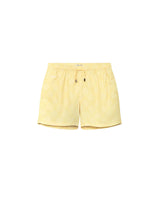 A pair of yellow mid-length swim trunks with a drawstring waist.