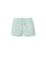 Light blue swim trunks with a geometric pattern, featuring side pockets and a drawstring waist.