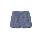 A pair of blue swim trunks with a geometric pattern, featuring side pockets and a drawstring waist.