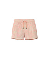 Mid-length pink swim trunks with a drawstring waist and fine mesh lining.