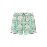 A pair of green swim trunks with a paisley pattern, featuring side pockets and a zipper back pocket.