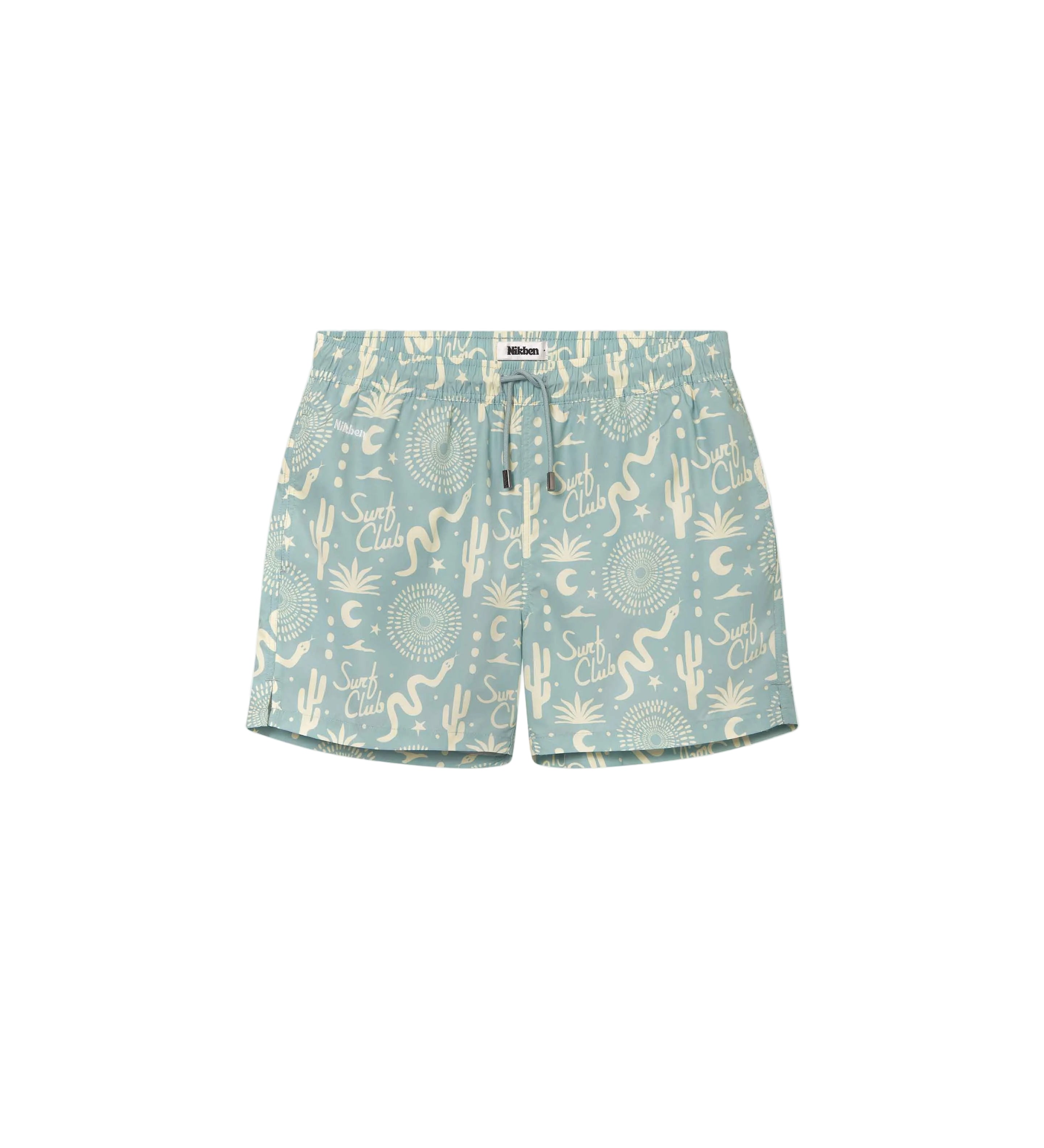 A pair of blue mid-length swim trunks with a pattern, featuring side pockets and a drawstring waist.