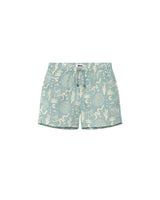 A pair of blue mid-length swim trunks with a pattern, featuring side pockets and a drawstring waist.