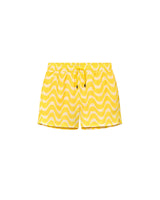 Yellow mid-length swim trunks with a wavy pattern, featuring side pockets and a drawstring waist.