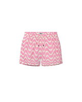 A pair of pink swim trunks with a wavy pattern