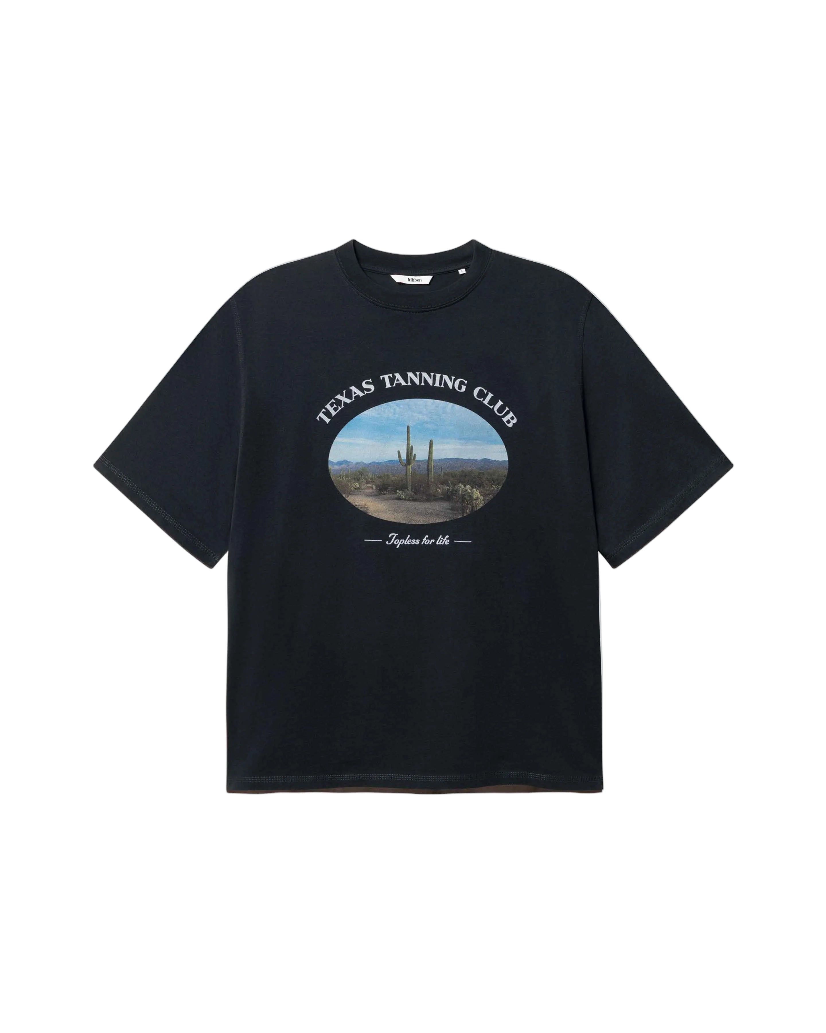 Black t-shirt with 'Texas Tanning Club' graphic on front