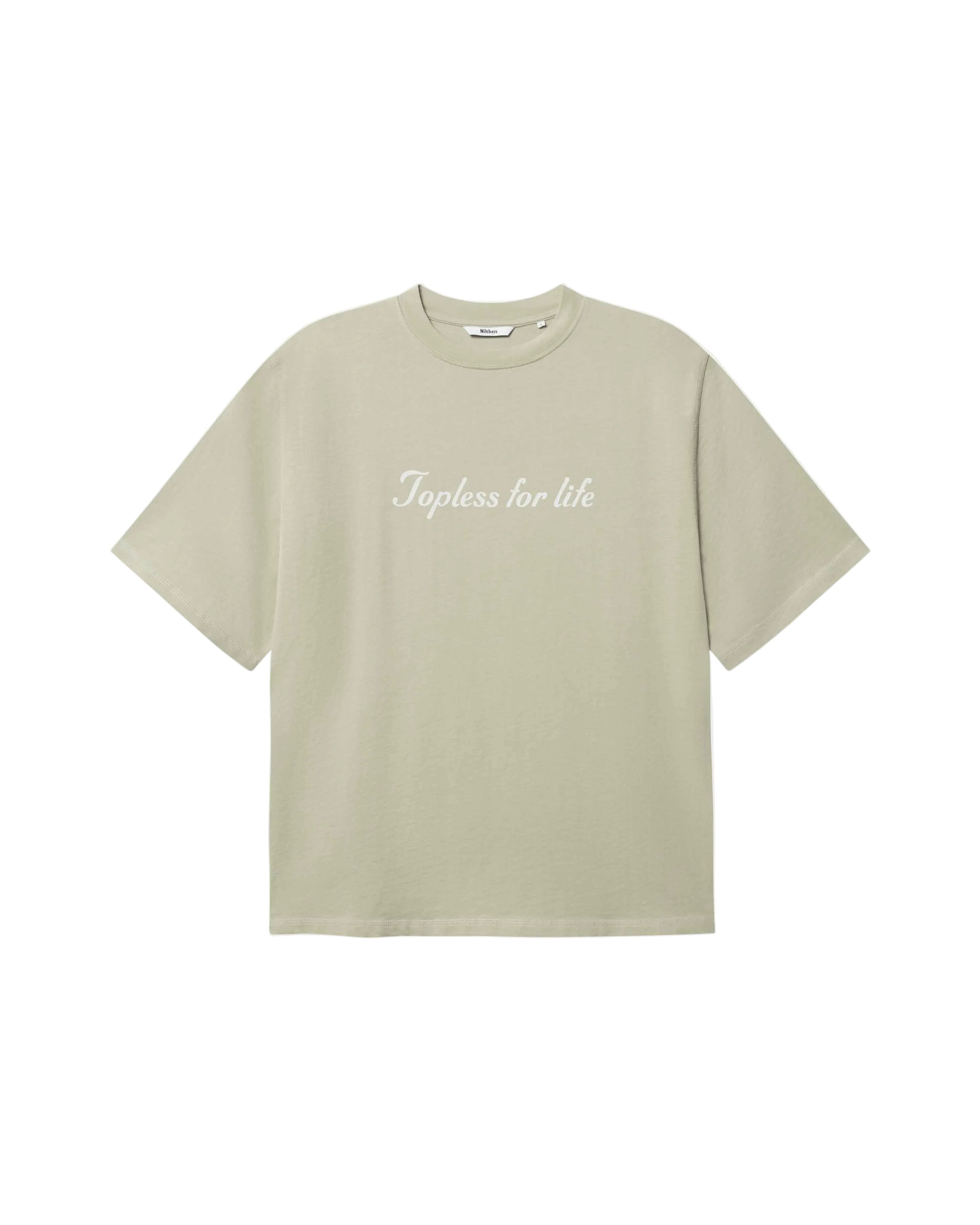 Beige t-shirt with text on chest