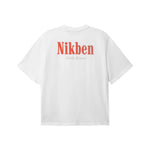 White t-shirt with red 'Nikben' logo on back