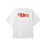 White t-shirt with red 'Nikben' logo on back
