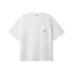 White t-shirt with a small logo on front breast pocket