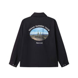 Black overshirt with 'Texas Tanning Club' graphic on the back