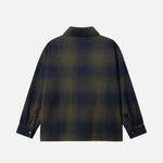 Back detail of dark blue and green flannel shirt