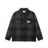 Dark blue and green flannel shirt with front pockets