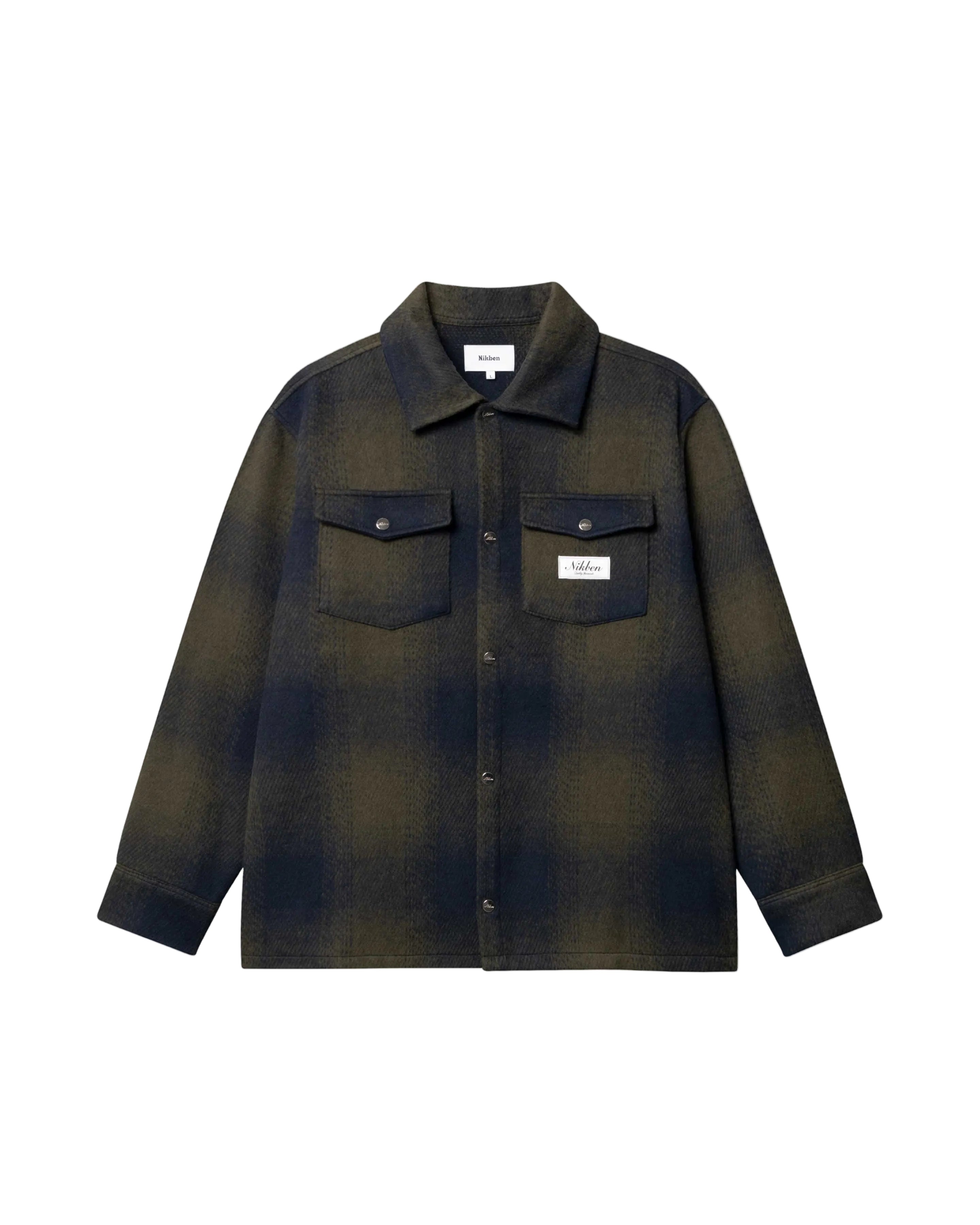 Dark blue and green flannel shirt with front pockets