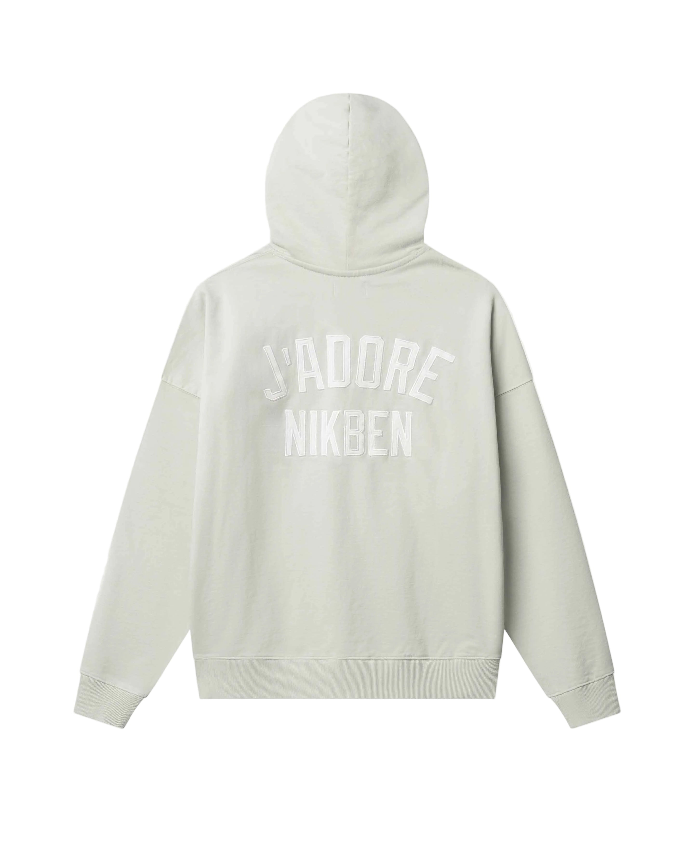 Light gray hoodie with 'Jaddore NikBen' text on the back against