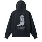 Black hoodie with a white cowboy boot graphic and text on the back