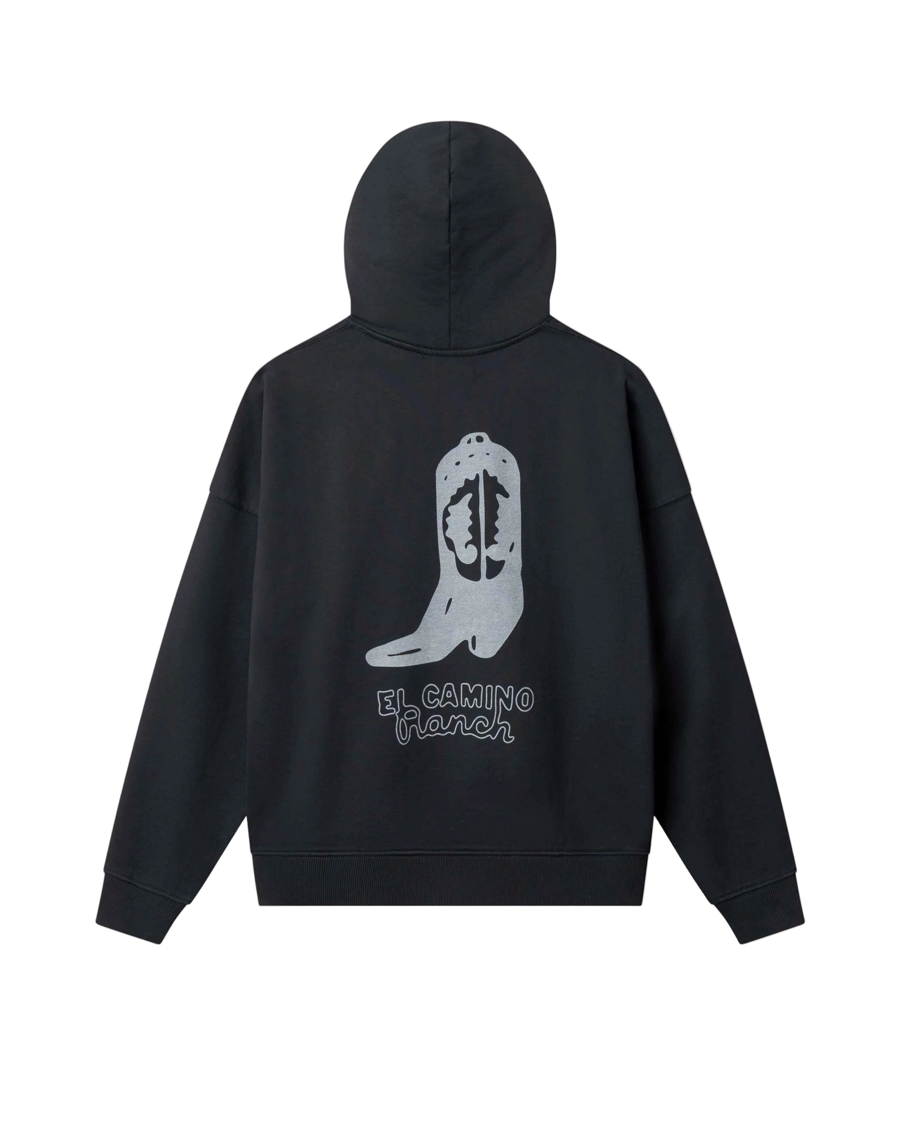 Black hoodie with a white cowboy boot graphic and text on the back