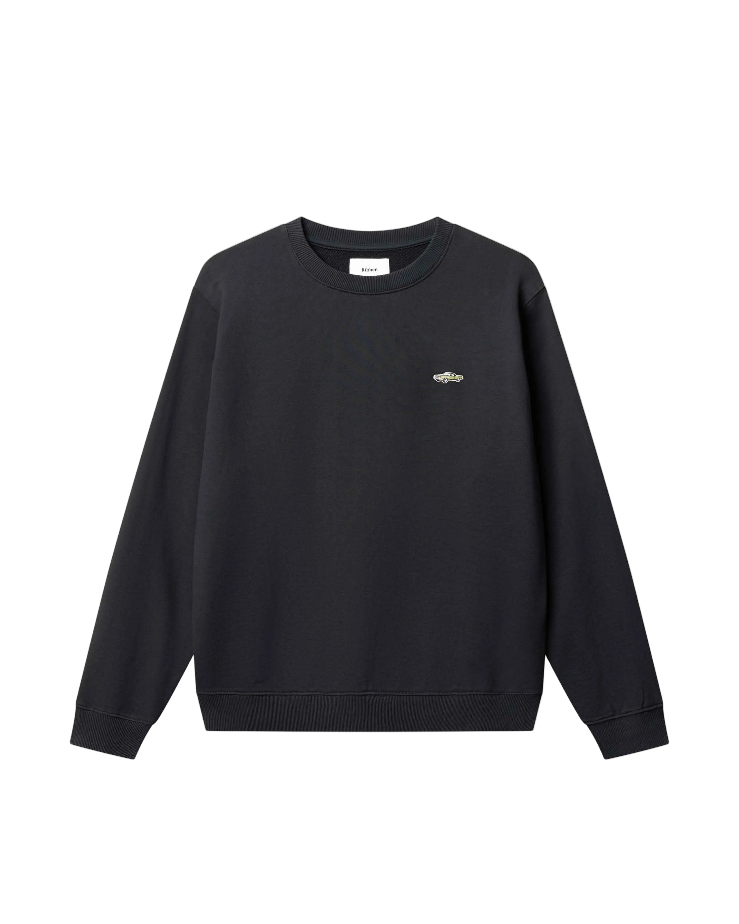 Black sweatshirt with a small logo on chest