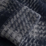 Close up of sleeve of a navy grey overshirt