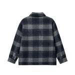 Backside of navy grey checkered shirt.