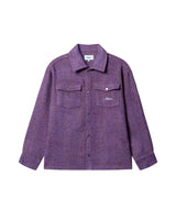 Purple overshirt with herringbone pattern two front button down pockets with small logo in white