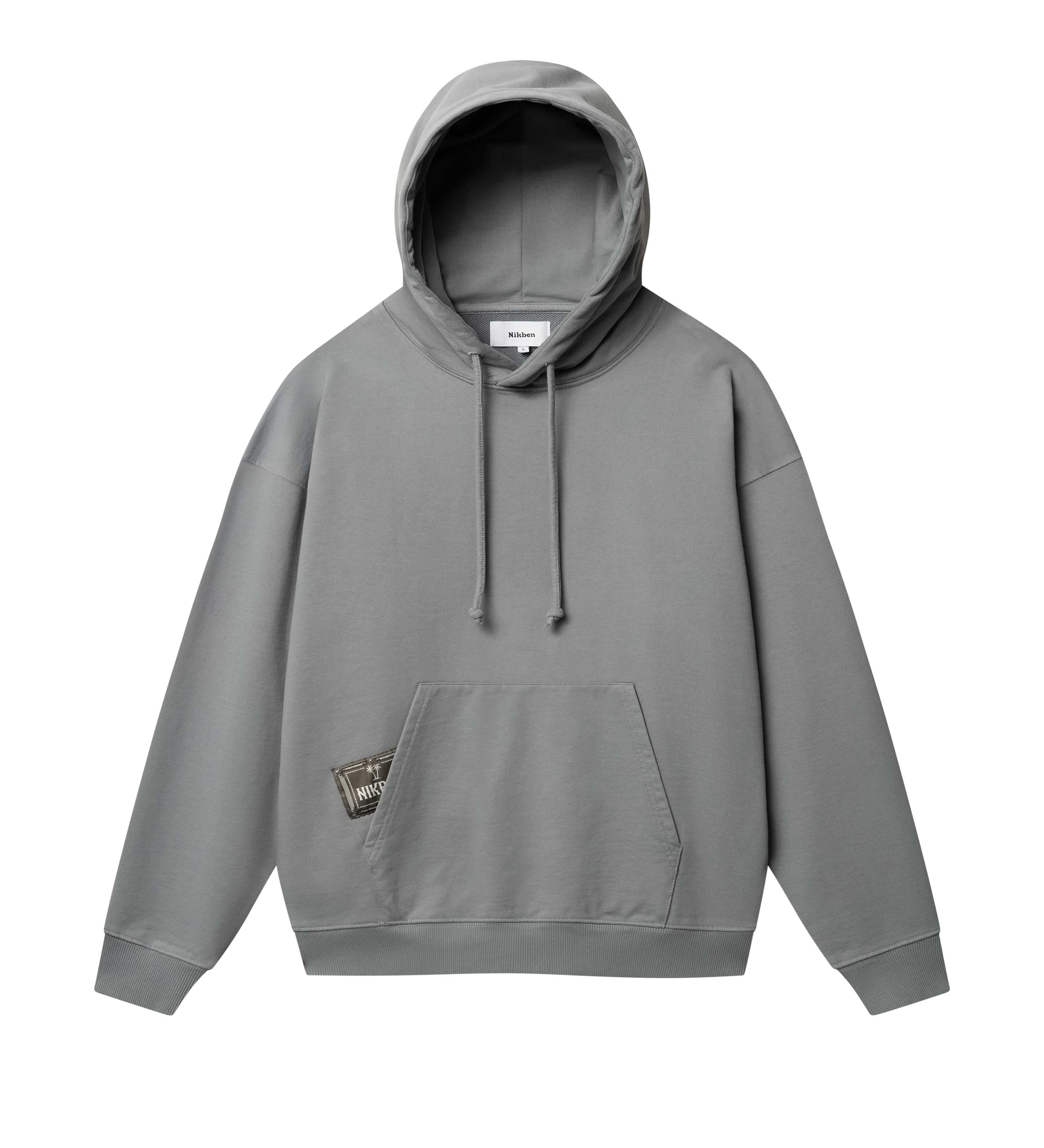 Grey hoodie with green Nikben patch label next to left pocket 