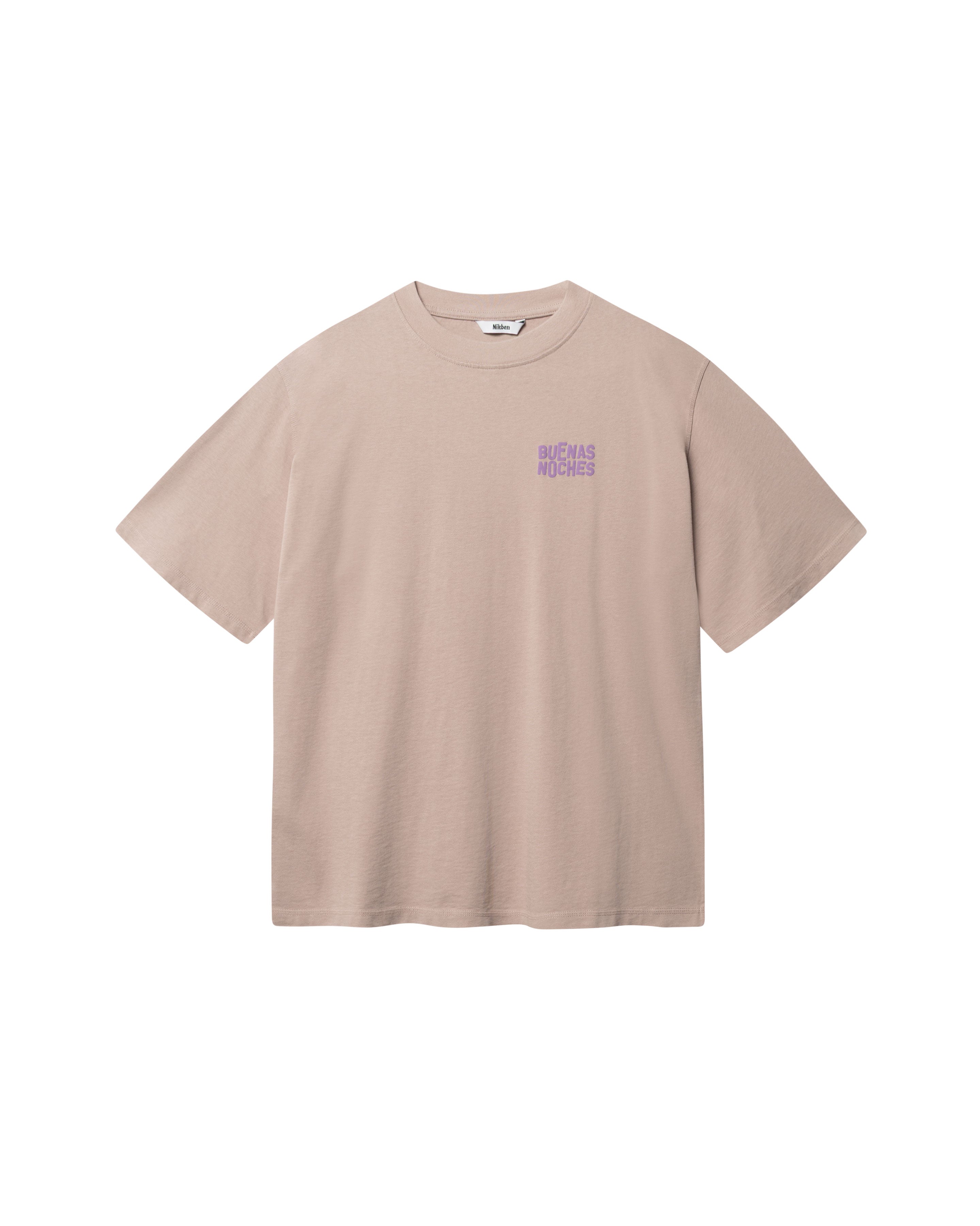 Brown T-shirt with purple "BUENAS NOCHES" text print on chest
