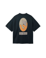 Black T-shirt with green and orange print and "BAR NIKBEN" text on the back