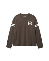 Brown longsleeve T-shirt with white NB logo on chest and white stripes on sleeves
