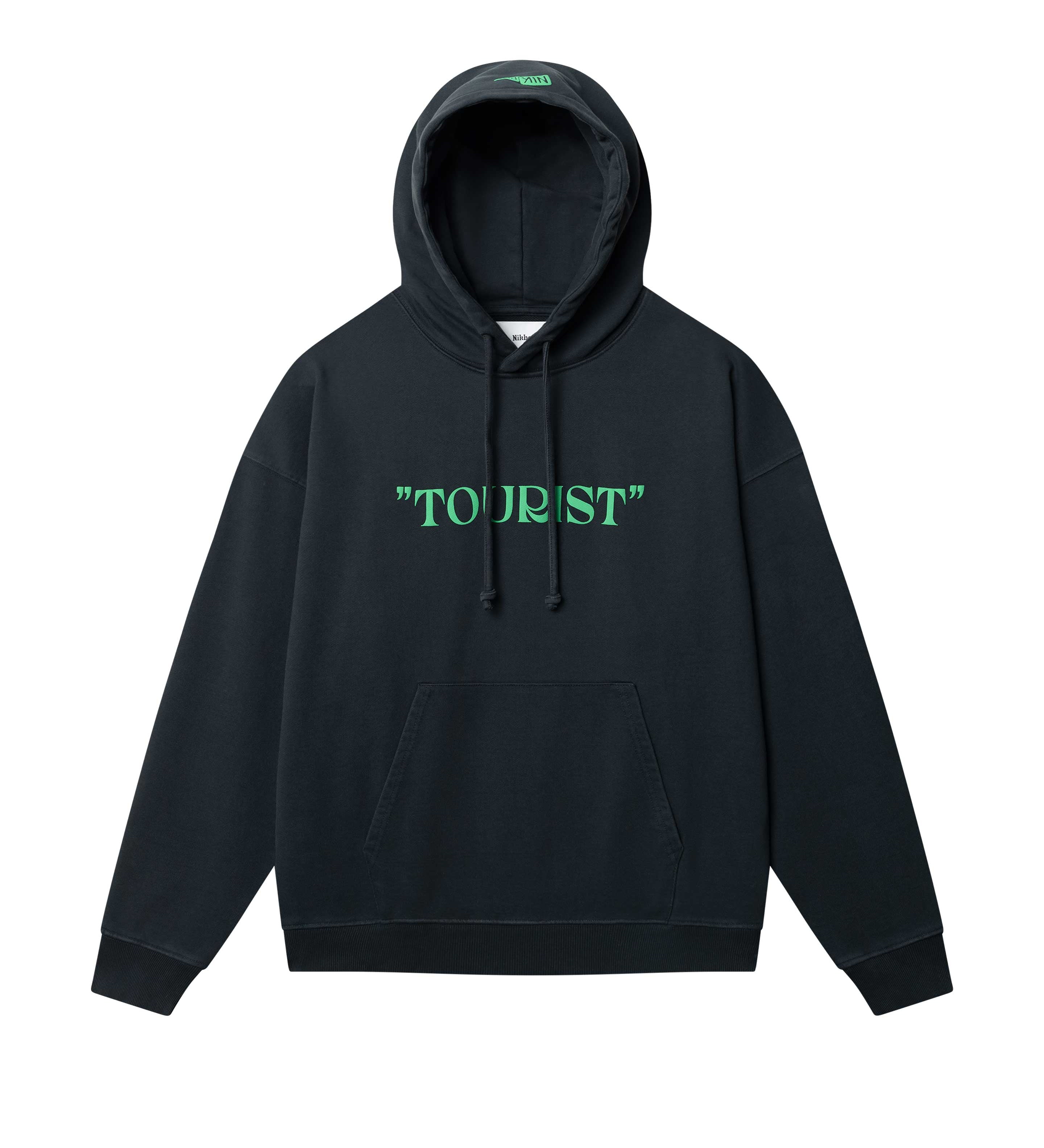Black hoodie with green "TOURIST" print on the middle chest