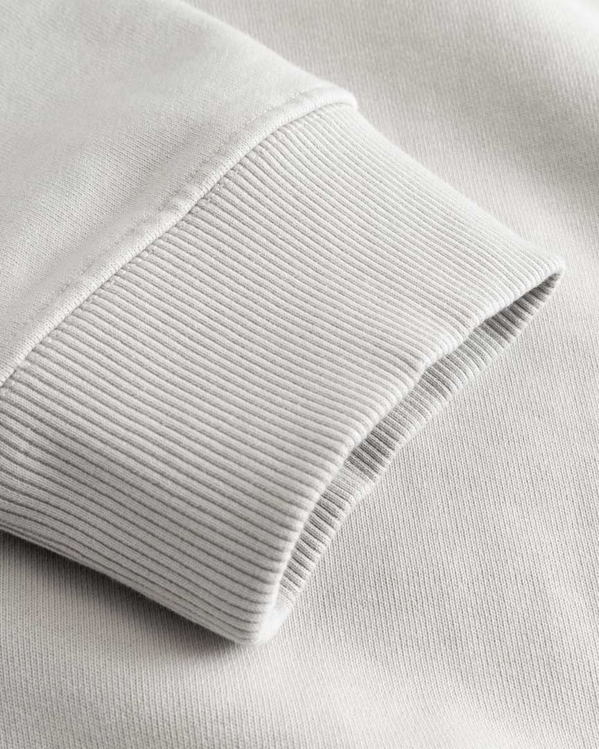 Closeup view of ribbed cuff on gray hoodie