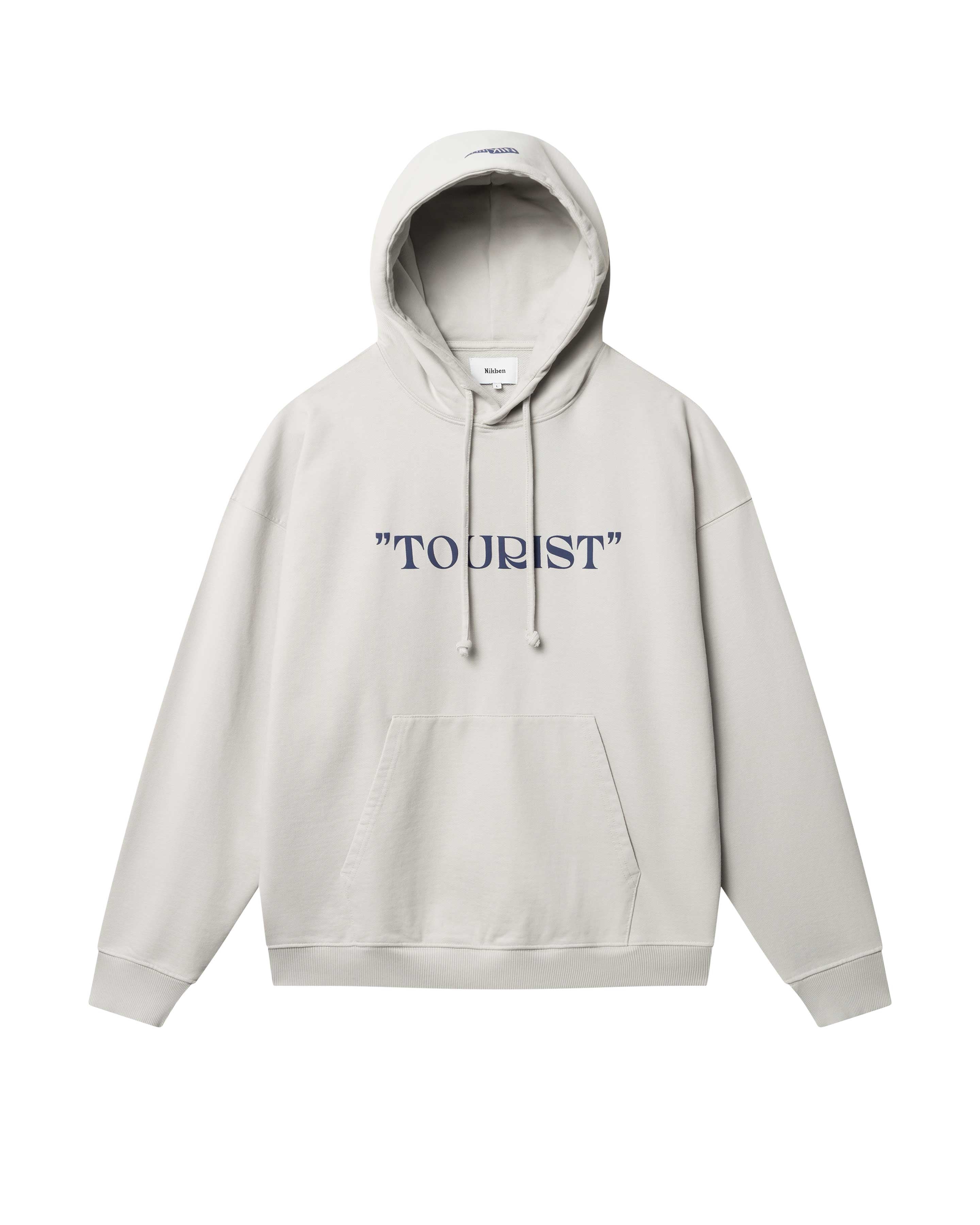 Gray hoodie with blue "TOURIST" print on the middle chest