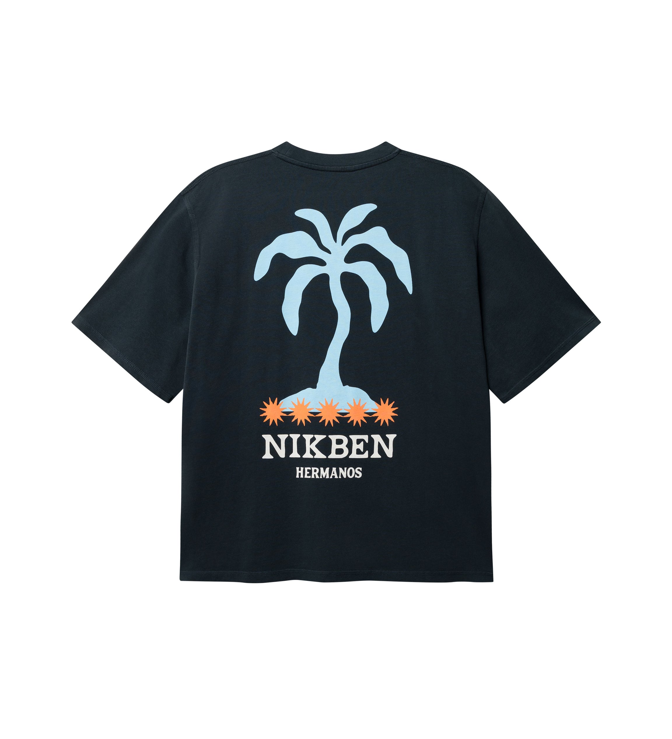 Black T-shirt with "NIKBEN HERMANOS" text and blue and orange palm print on the back 