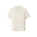 A short-sleeved off white shirt with a relaxed fit and a camp collar.